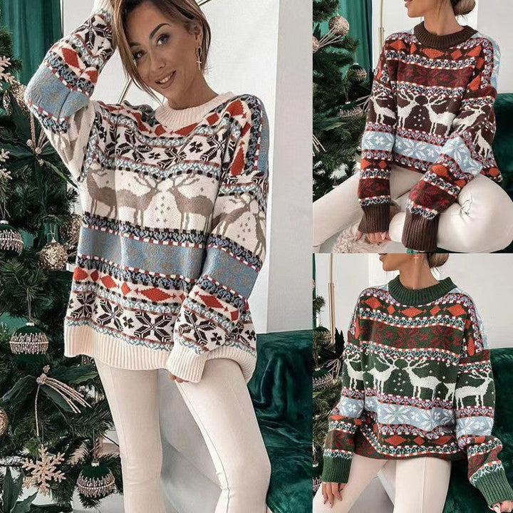 Women's Christmas jumper with jacquard pattern and round neck, relaxed fit