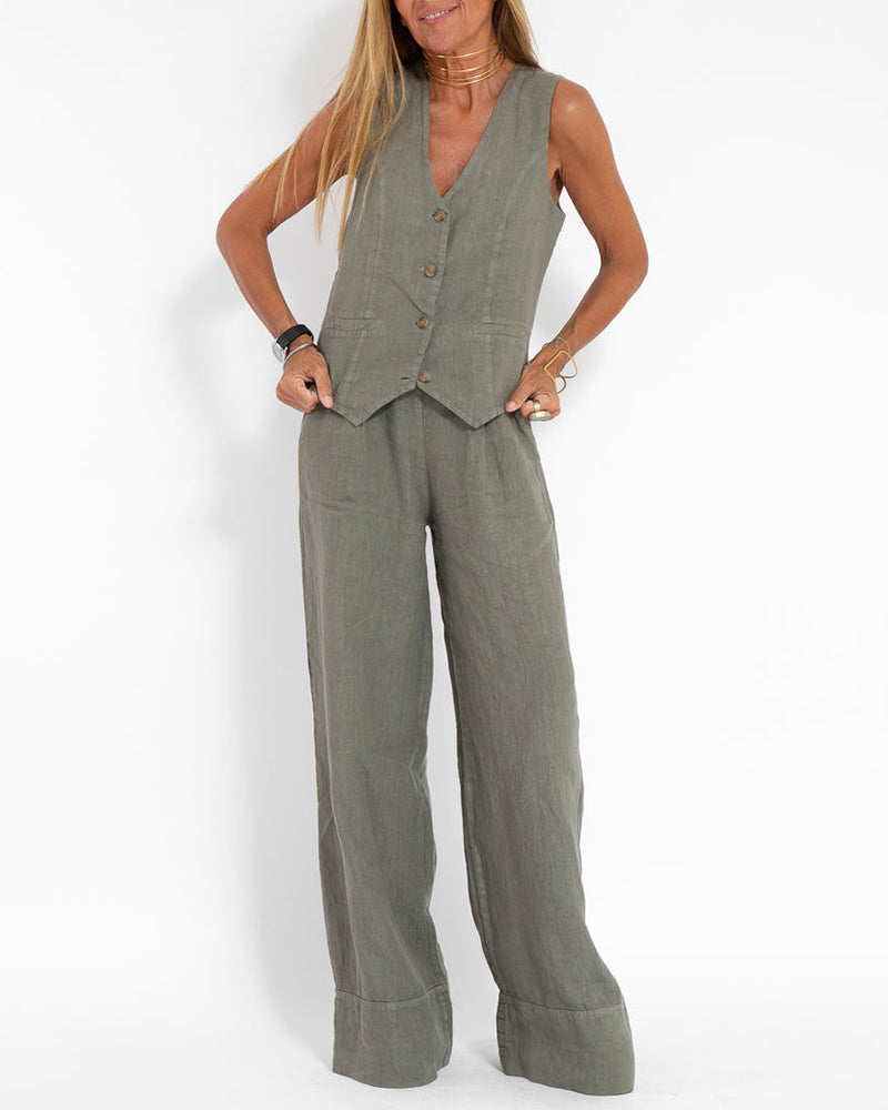 Linen 2-Piece Set with Wide-Leg Trousers and Waistcoat – Alma