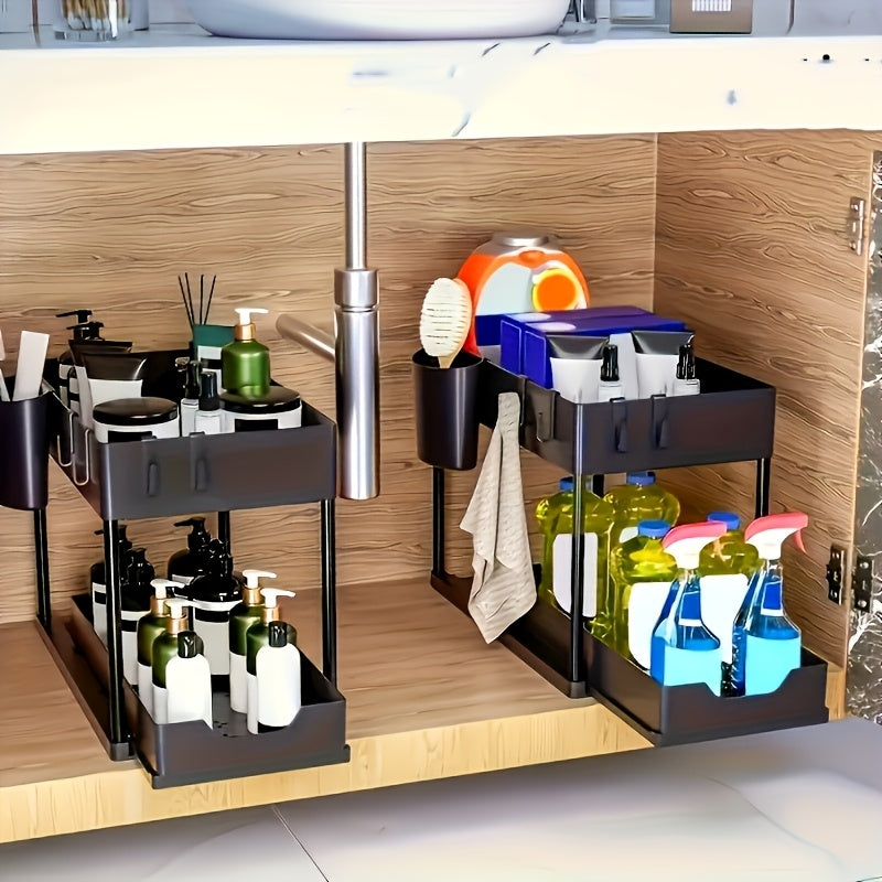 2-Tier Organiser with Hooks and Cup – Smart, Stable Storage System for Under the Sink or Worktop