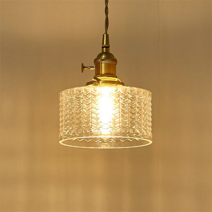 Short Cylindrical Retro Pendant Lamp in Clear/Green Ribbed Glass with Brass Rotary Switch