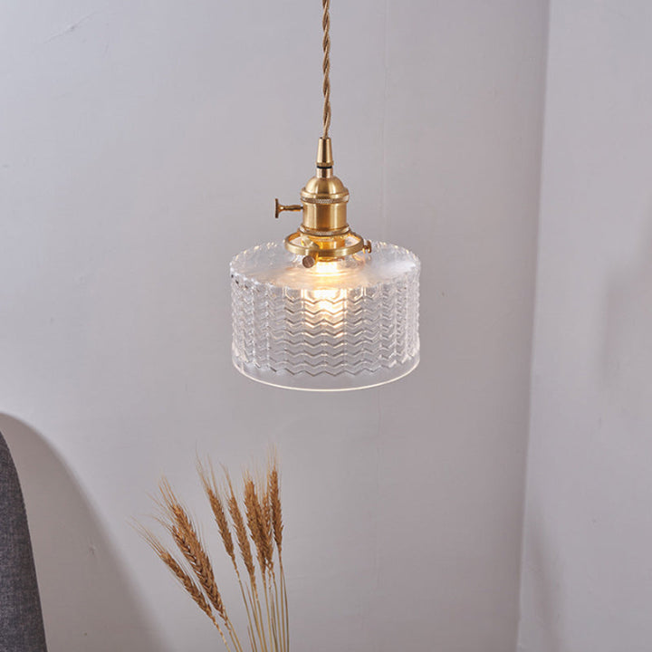Short Cylindrical Retro Pendant Lamp in Clear/Green Ribbed Glass with Brass Rotary Switch