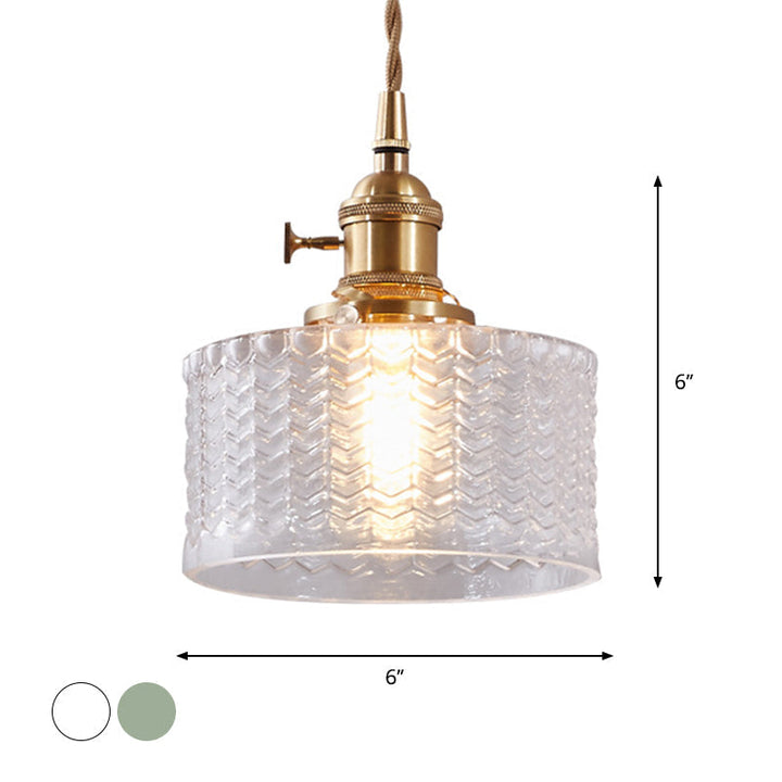 Short Cylindrical Retro Pendant Lamp in Clear/Green Ribbed Glass with Brass Rotary Switch