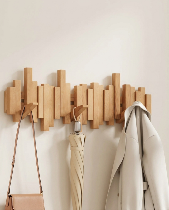 Wooden coat rack with folding magnetic hooks – beech, 3–10 hooks