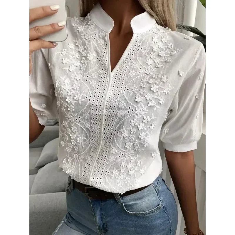 Summer White Blouse with Embroidery and V-Neck