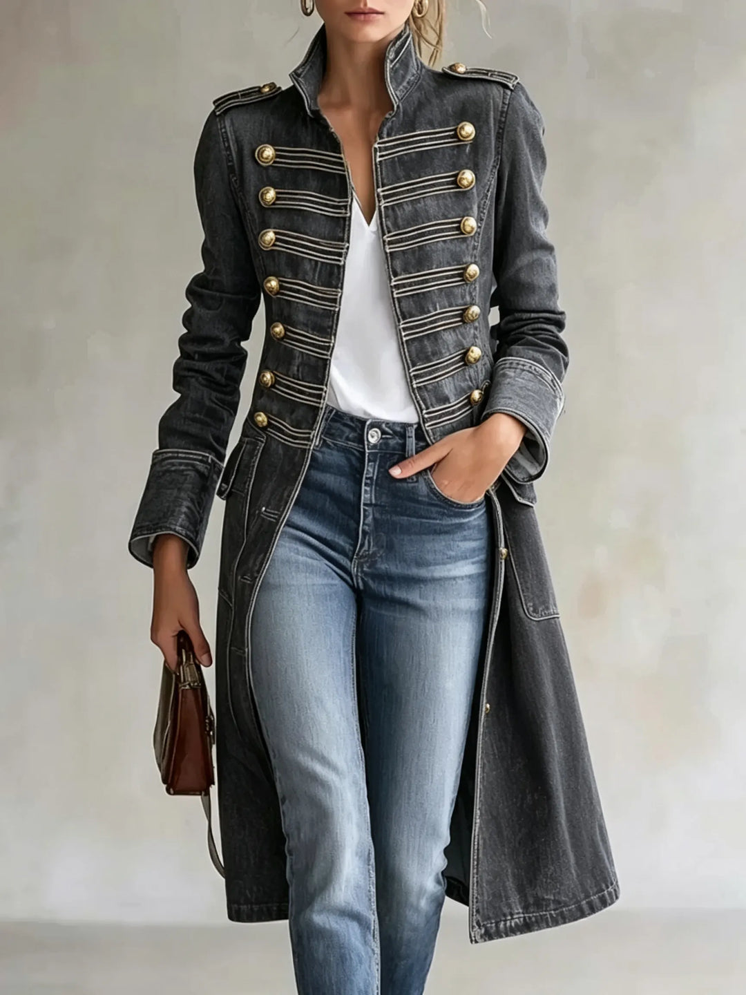 Women's long military-style double-breasted coat with officer collar