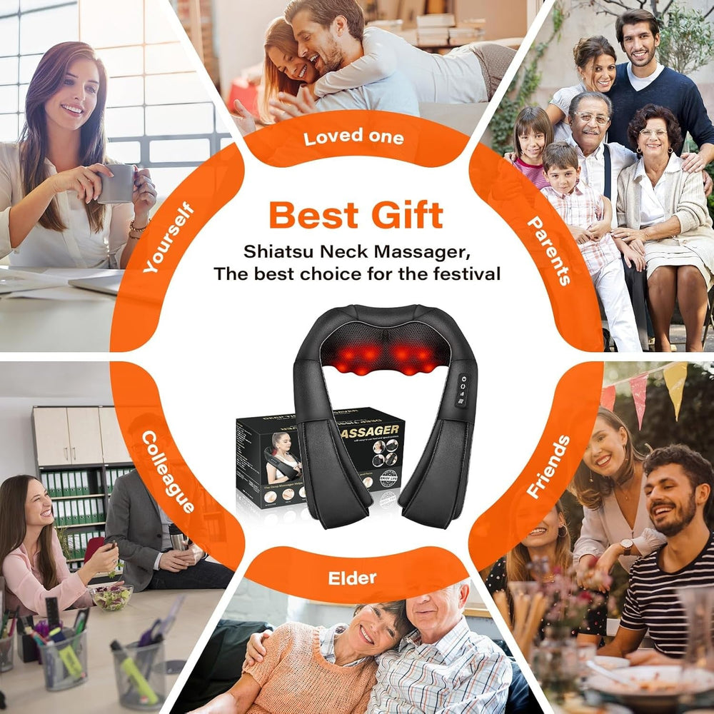 Shiatsu neck massager with heat and 4 kneading heads