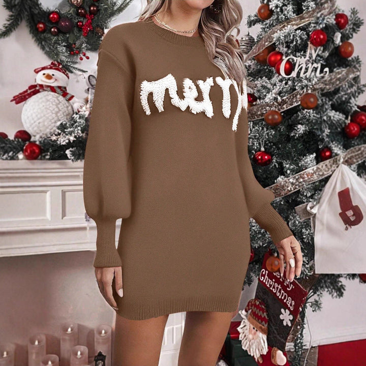 Women's knitted jumper dress with puff sleeves, short and fitted