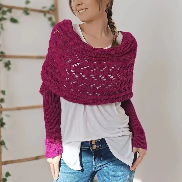 Wrap Scarf with Double Sleeves - Warm Knitted Scarf with Built-In Sleeves