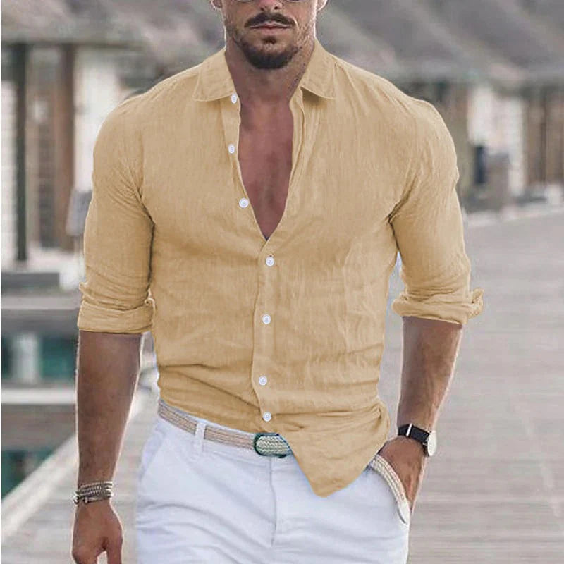 Men's Long Sleeve Button-Up Shirt with Turn-Down Collar