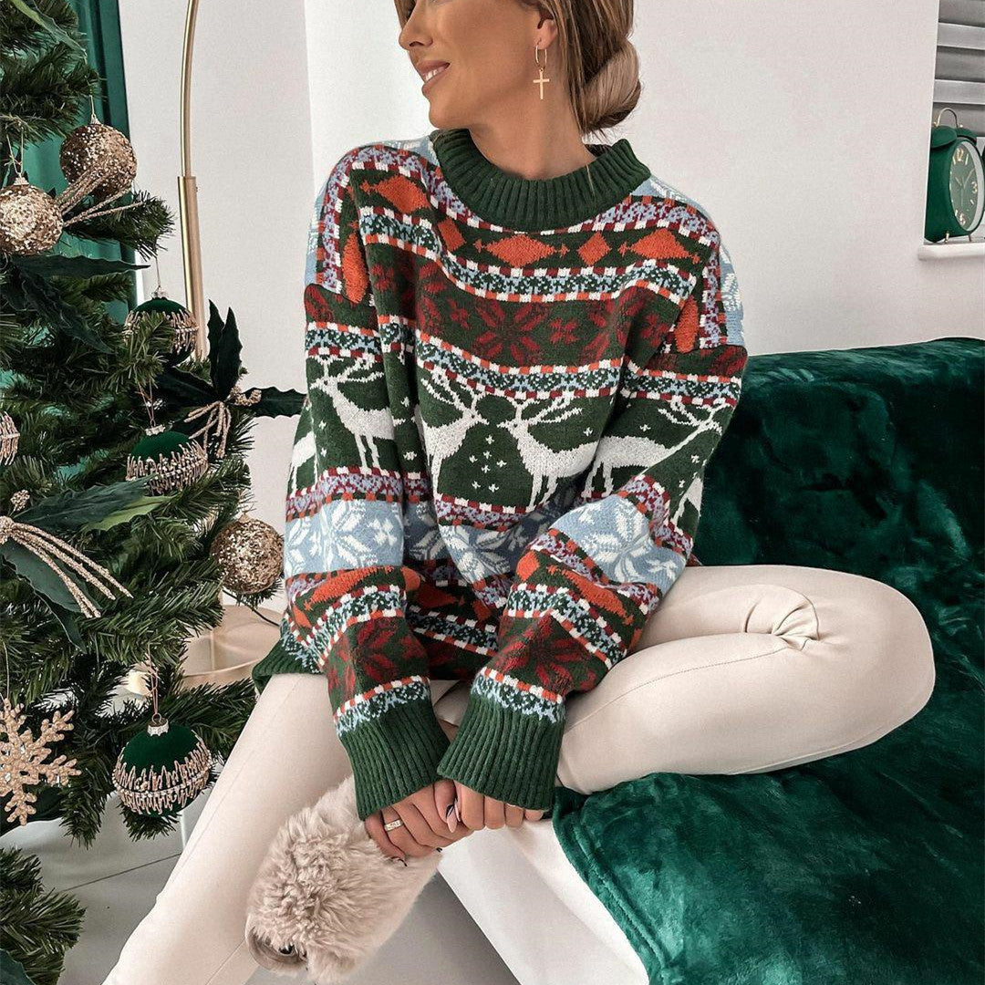 Women's Christmas jumper with jacquard pattern and round neck, relaxed fit