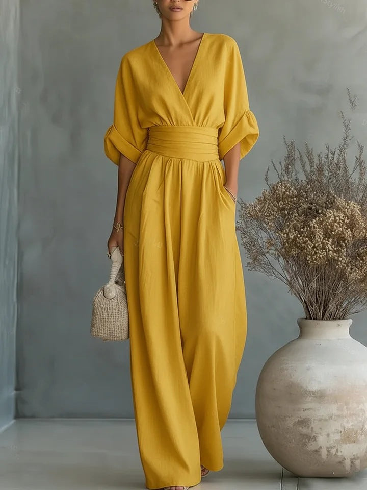 Elegant Women's Jumpsuit with Wide Leg, V-Neck and Flowing Cut