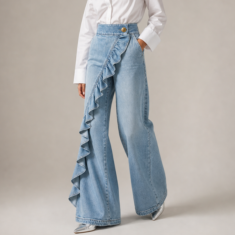 Women's Wide Denim Trousers with Asymmetric Ruffle, Culotte Style