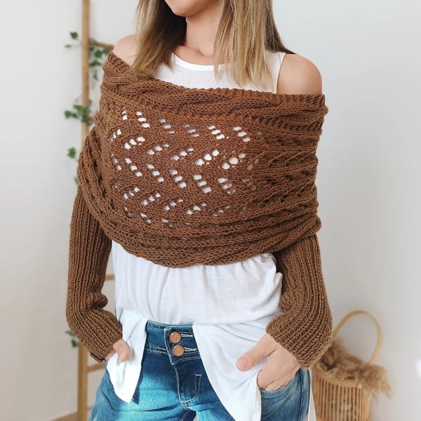 Wrap scarf with double sleeves - cosy knitted scarf with integrated sleeves