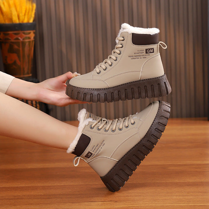 Women's lined lace-up boots with fleece and thick rubber sole