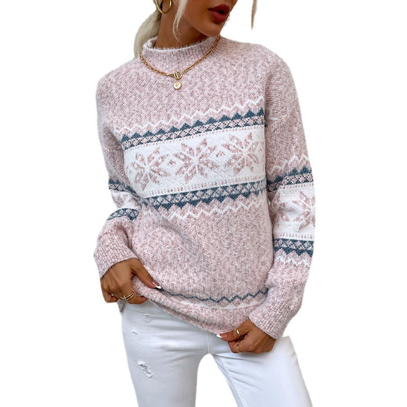 Women's knitted Christmas jumper with snowflakes and half-polo neck