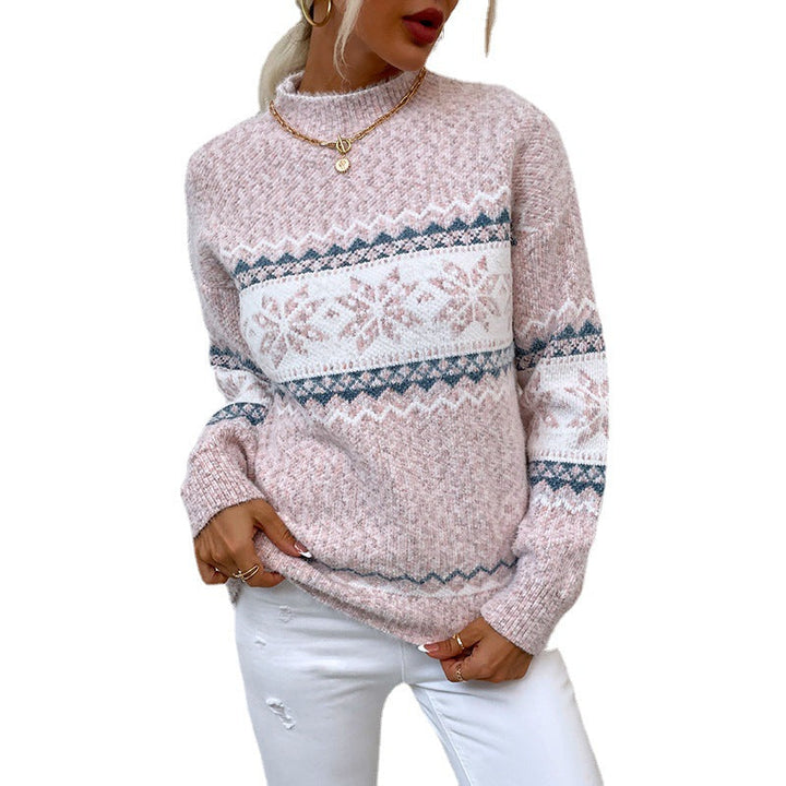 Women's knitted Christmas jumper with snowflakes and half-polo neck