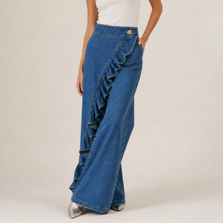 Women's Wide Denim Trousers with Asymmetric Ruffle, Culotte Style