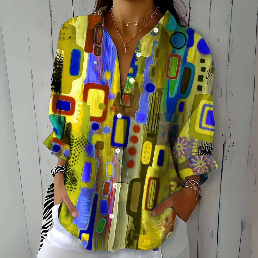 Women's Blouse with Artistically Patterned Button Fastening and Relaxed Fit