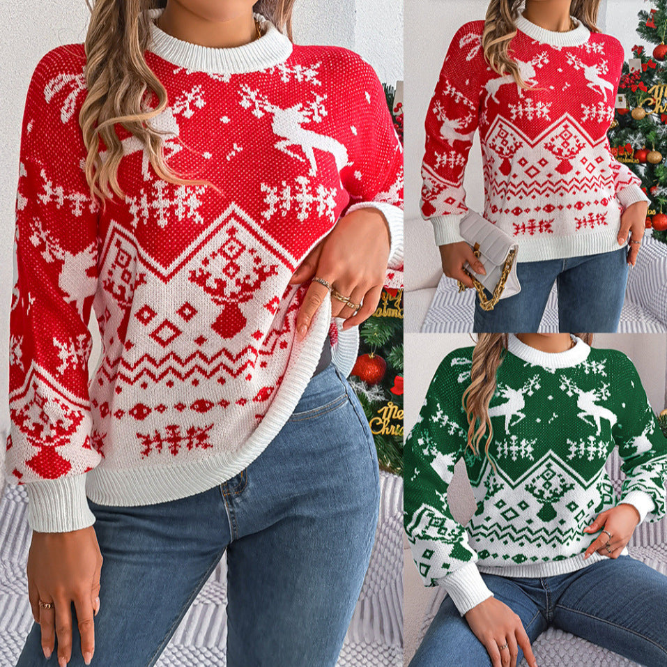 Women's Christmas jumper with reindeer and puff sleeves – red or green