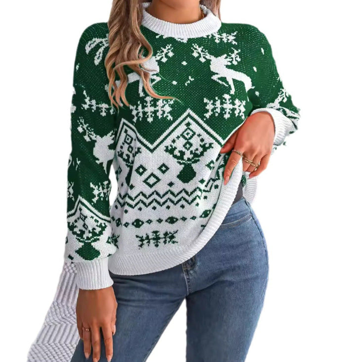 Women's Christmas jumper with reindeer and puff sleeves – red or green