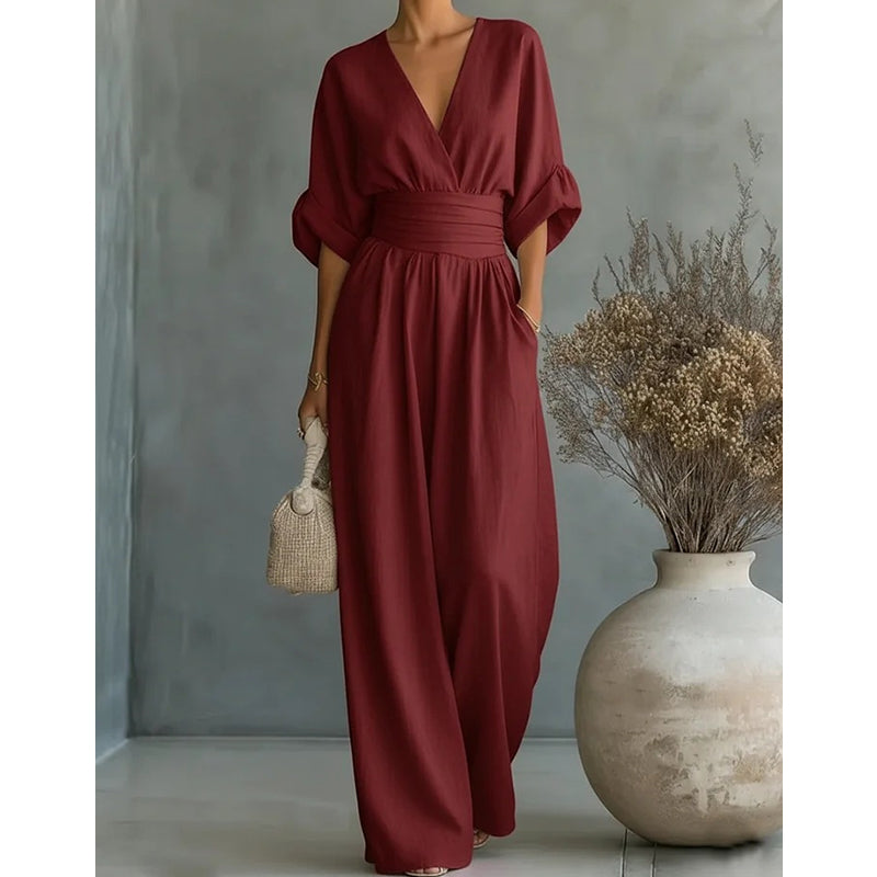 Elegant Women's Jumpsuit with Wide Leg, V-Neck and Flowing Cut