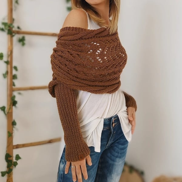 Wrap Scarf with Double Sleeves - Warm Knitted Scarf with Built-In Sleeves