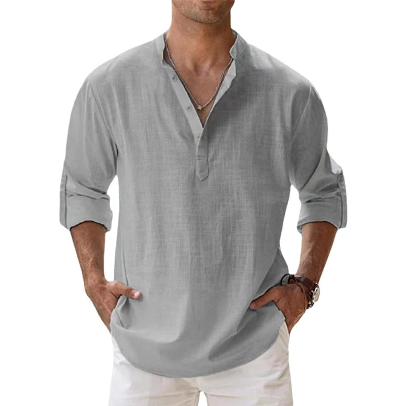 Men's Linen Henley Shirt, Relaxed Button-Placket Top for Summer