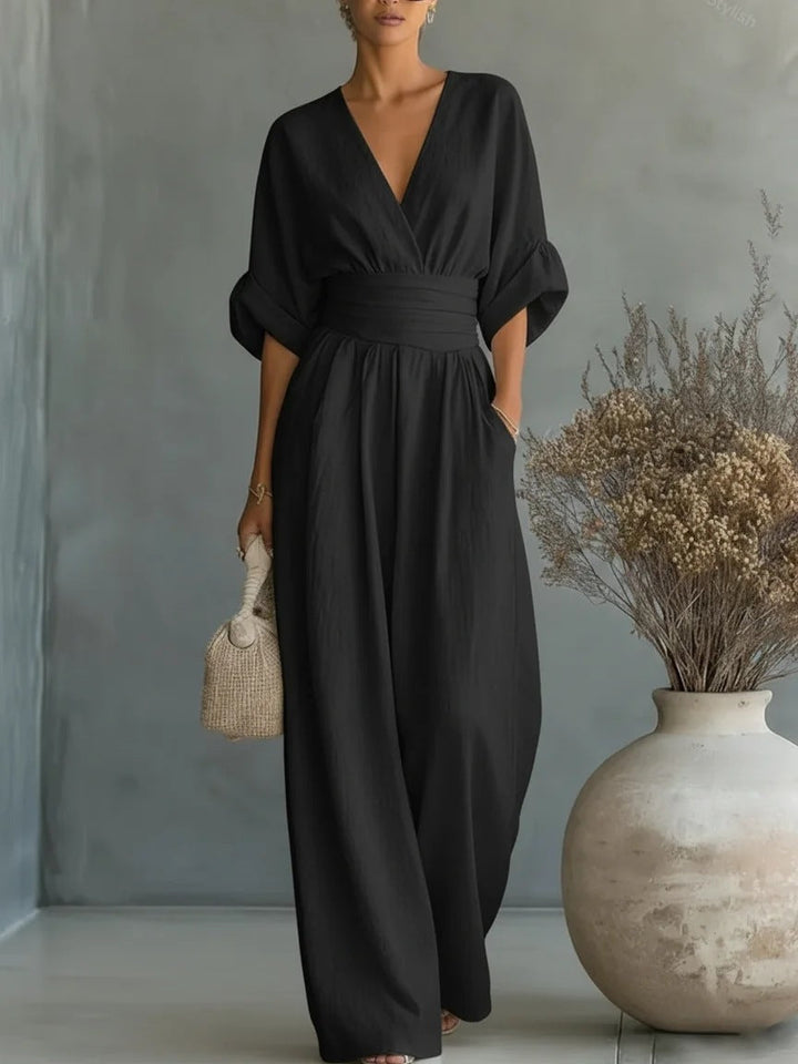 Elegant Women's Jumpsuit with V-Neck and Wide-Leg High Waist