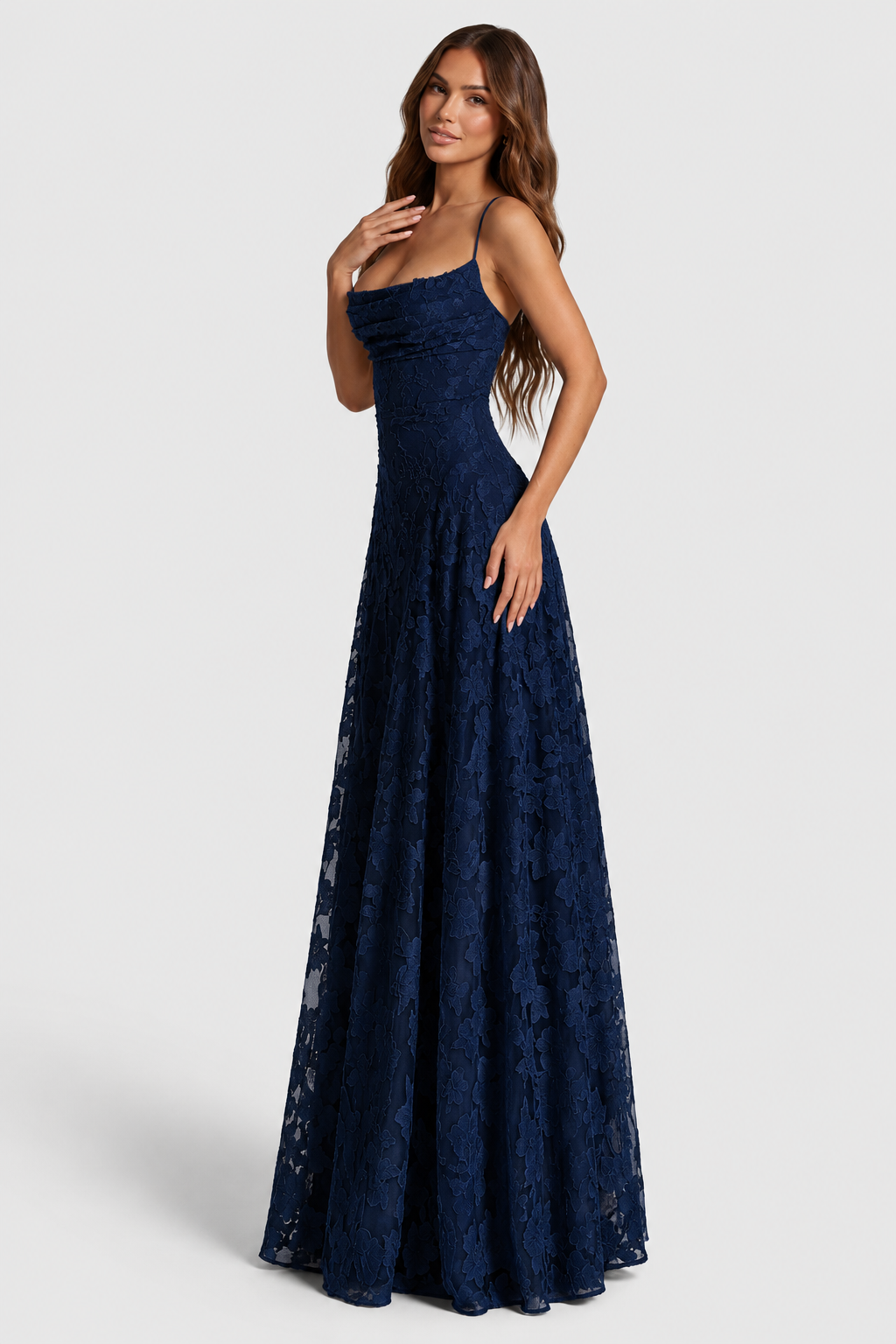 Raised 3D floral lace A-line midi-maxi dress with draped neckline