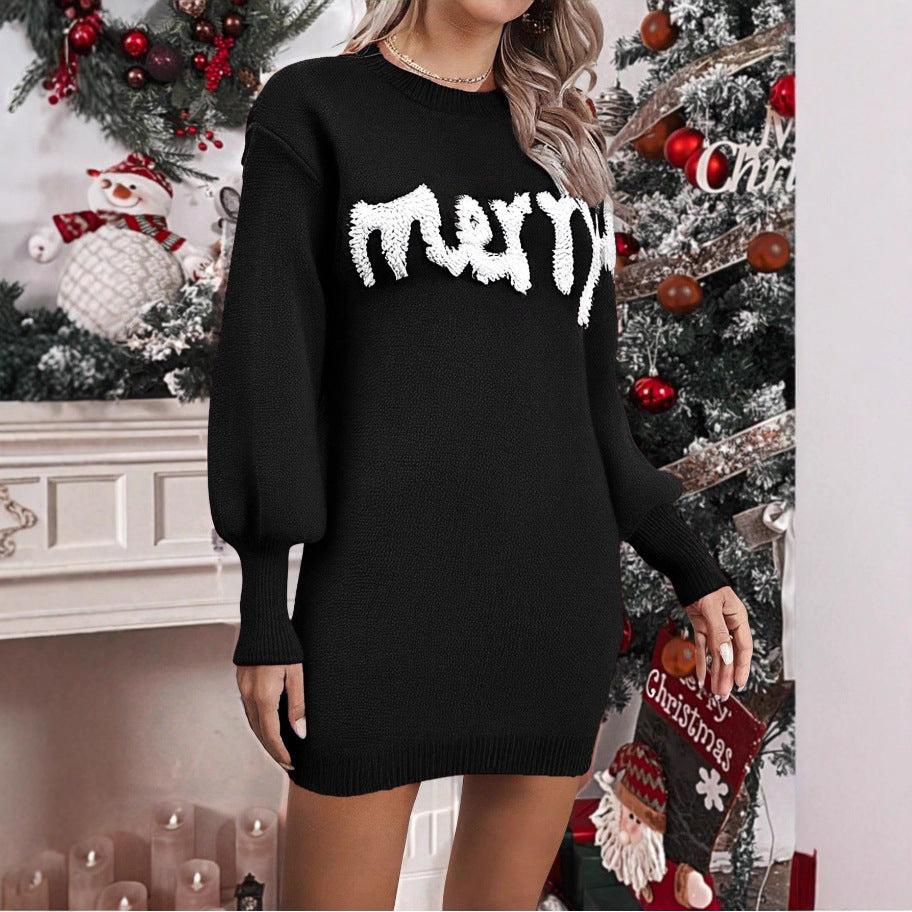 Women's knitted jumper dress with puff sleeves, short and fitted