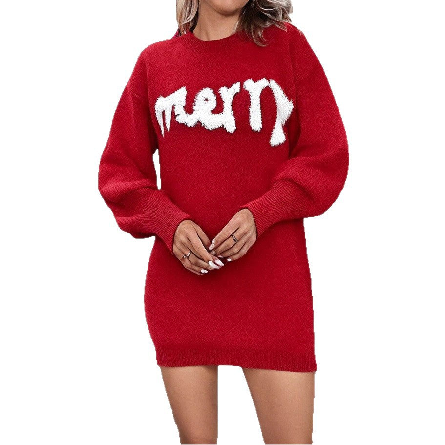 Women's knitted jumper dress with puff sleeves, short and fitted