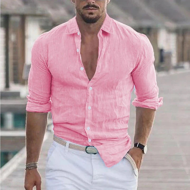 Men's Long Sleeve Button-Up Shirt with Turn-Down Collar