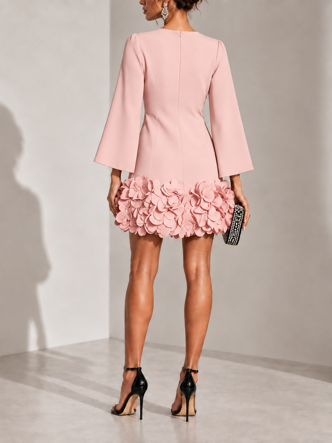 Elegant Short Dress with 3D Floral Appliqué and Flared Long Sleeves