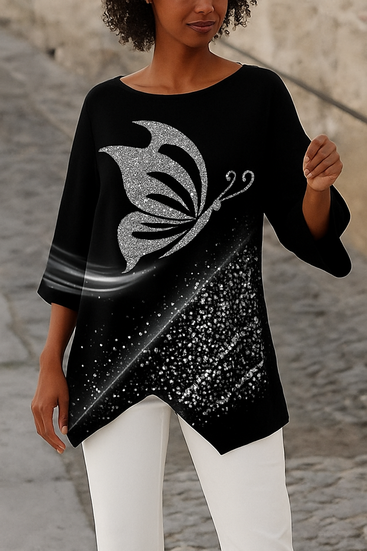 Women's Butterfly Print Blouse Round Neck & Long Sleeves