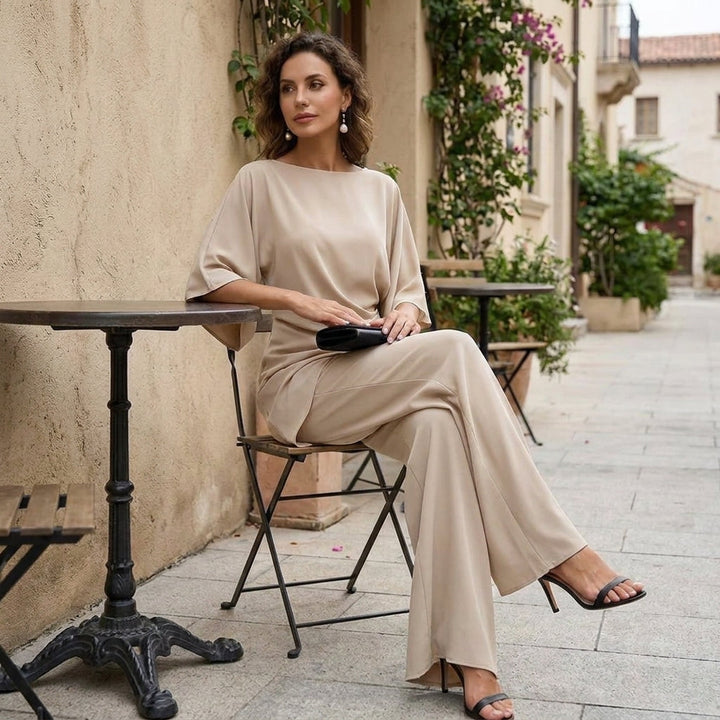 Draped Blouse and Wide-Leg Trousers – Two-Piece Set