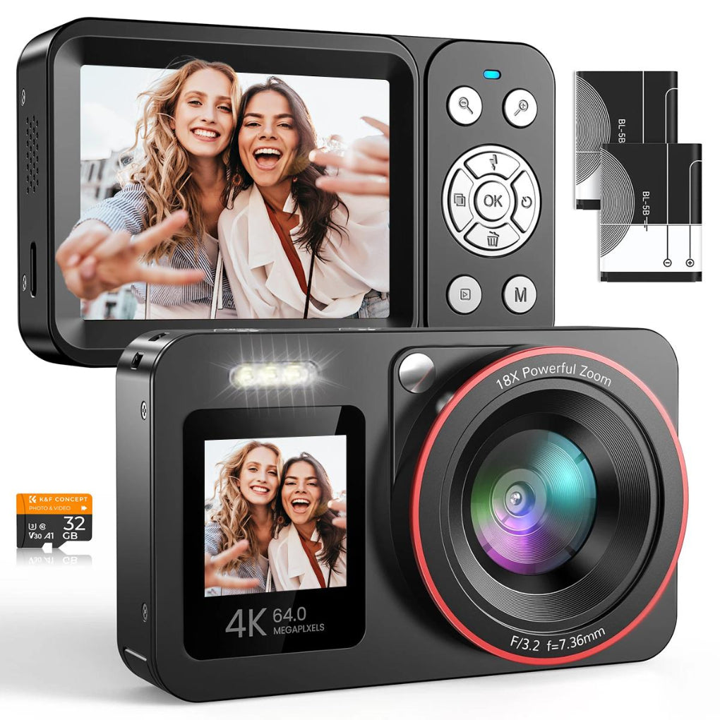 4K 64MP Digital Camera Dual Screen Selfie, 18X Zoom, 32GB Card &amp; 2 Batteries for Beginners YouTube Vlog, Kentfaith