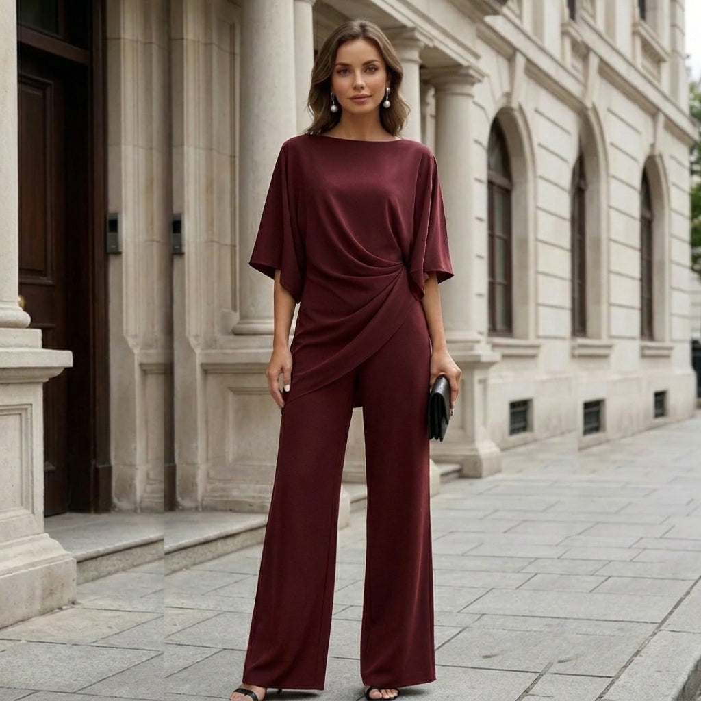Draped Blouse and Wide-Leg Trousers – Two-Piece Set