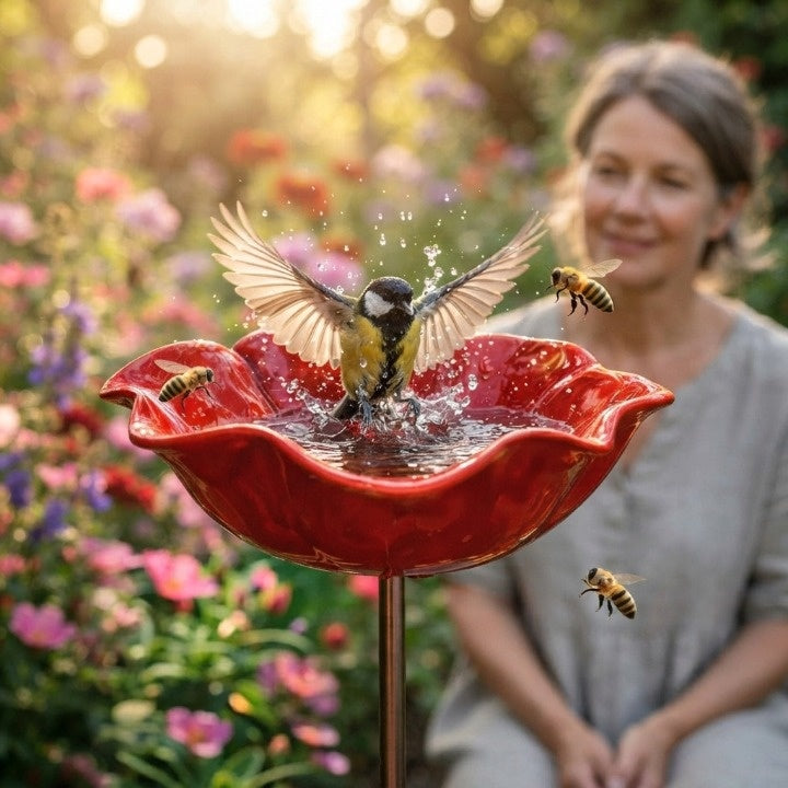 Metal poppy bird bath stake – garden and balcony decoration, 60 cm