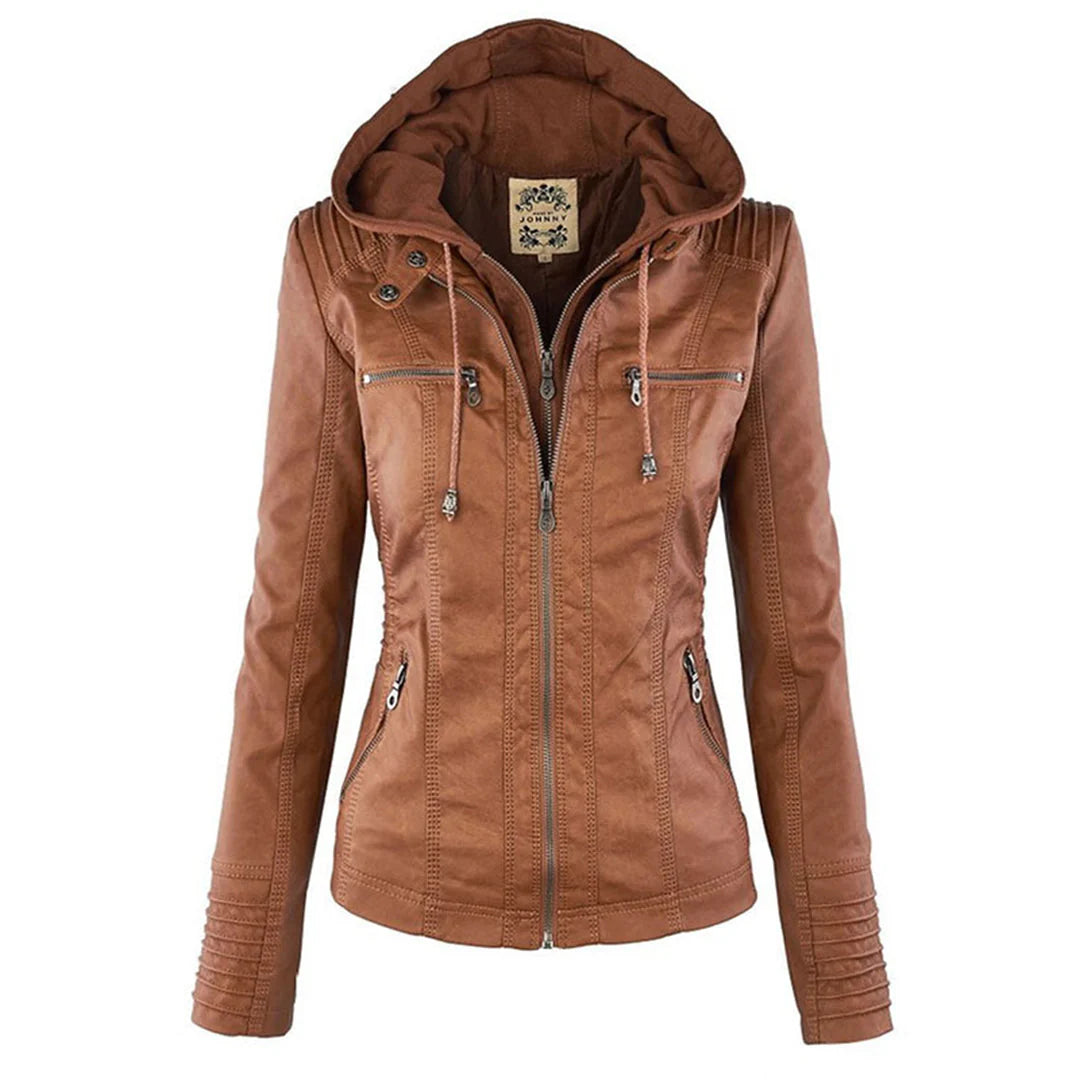 Melody – Faux Leather Biker Jacket with Hood