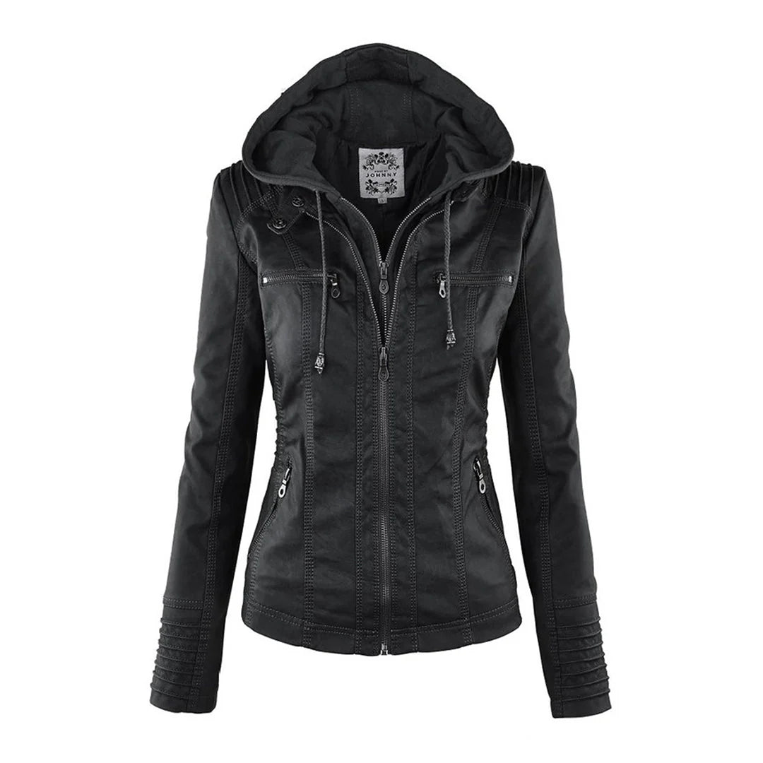 Melody – Faux Leather Biker Jacket with Hood
