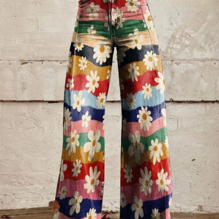 Trendy Retro Flared High-Waisted Floral Trousers - Mirella
