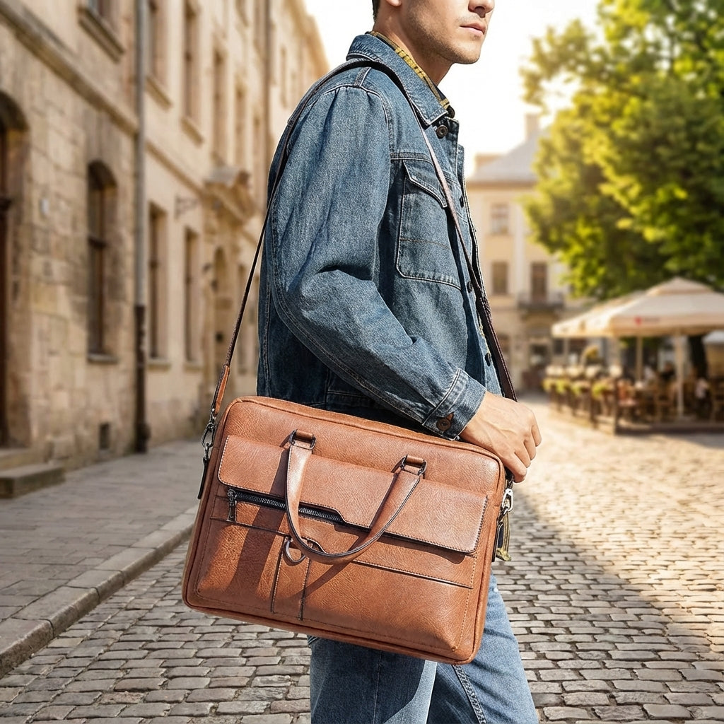 PU Leather Laptop Bag With Shoulder Strap - MetroBrief