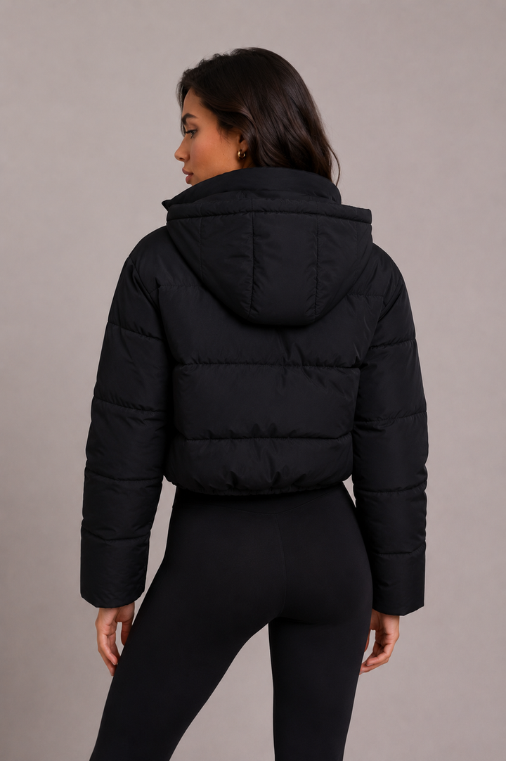 Women's Short Quilted Puffer Jacket with Fitted Hood