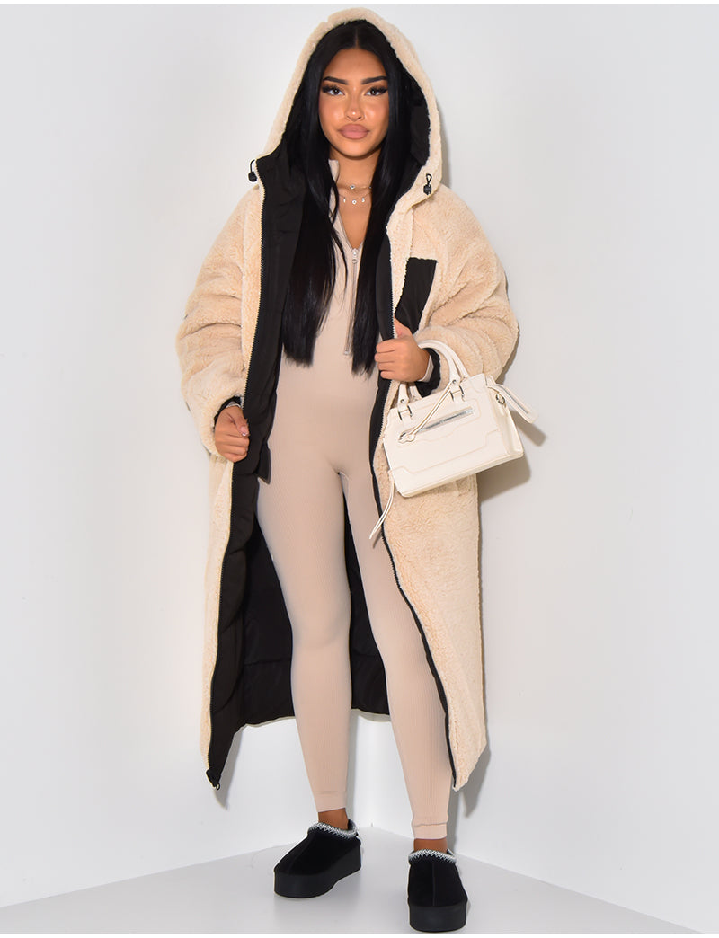 Reversible Women's Quilted Coat with Hood, Ankle-Length