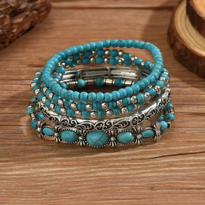 Set of 5 Bracelets with Turquoise Beads and Silver-Coloured Details.