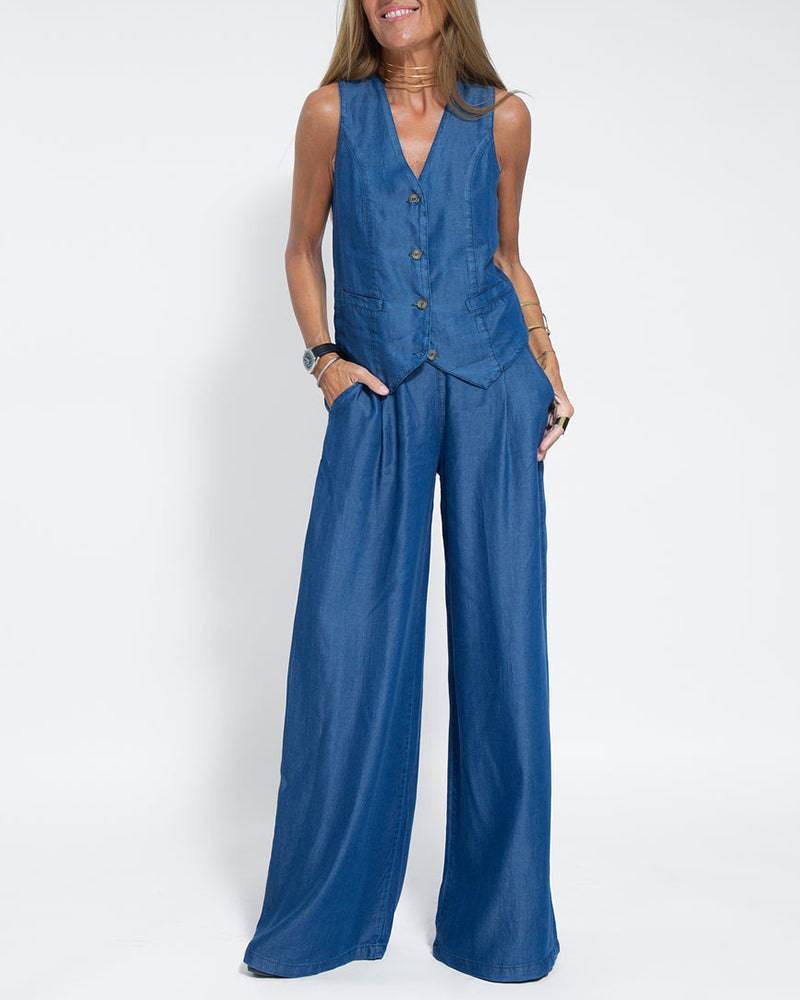 Linen 2-Piece Set with Wide-Leg Trousers and Waistcoat – Alma