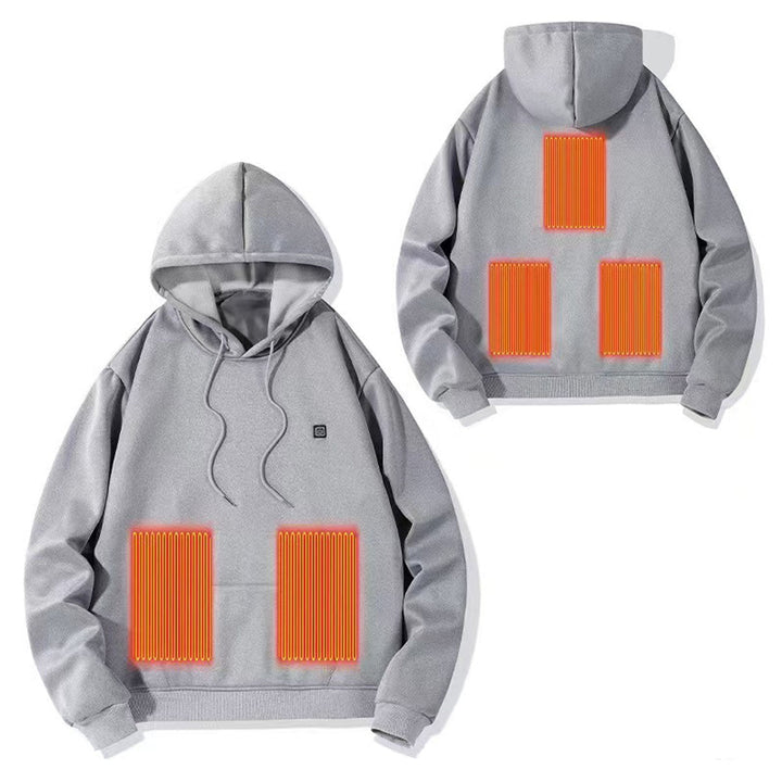 Heated hoodie with warmth on the chest and back
