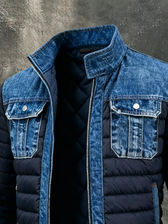 Men's Quilted Denim Jacket with Stand-Up Collar and Front Zip Fastening, Blue