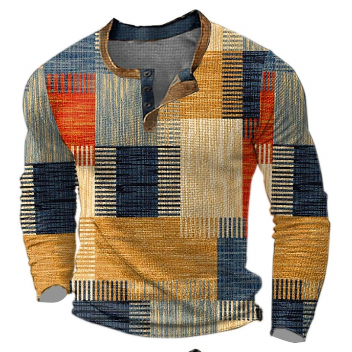 Men's Henley Sweatshirt with Button Placket and Geometric Pattern
