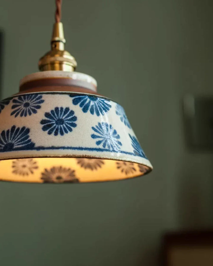 Vintage hand-painted ceramic pendant light with fabric cable
